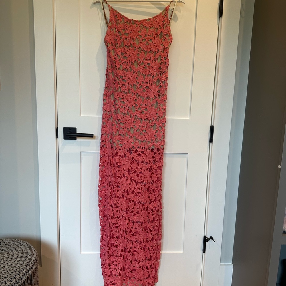 Sky Pink Spaghetti Strap Slip Maxi Dress Crochet